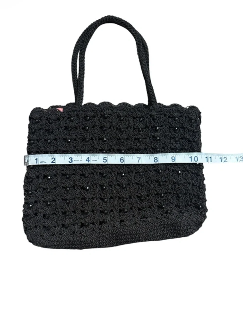 Arabella Vintage Black Beaded Crochet Cord Tote Bag Boho Glam Evening‎ Small